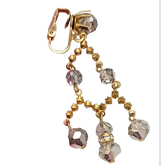 AB Beaded Prong Set Clear Rhinestone Chandelier Clip-On Earrings 2” Long, K130 - Picture 6 of 10